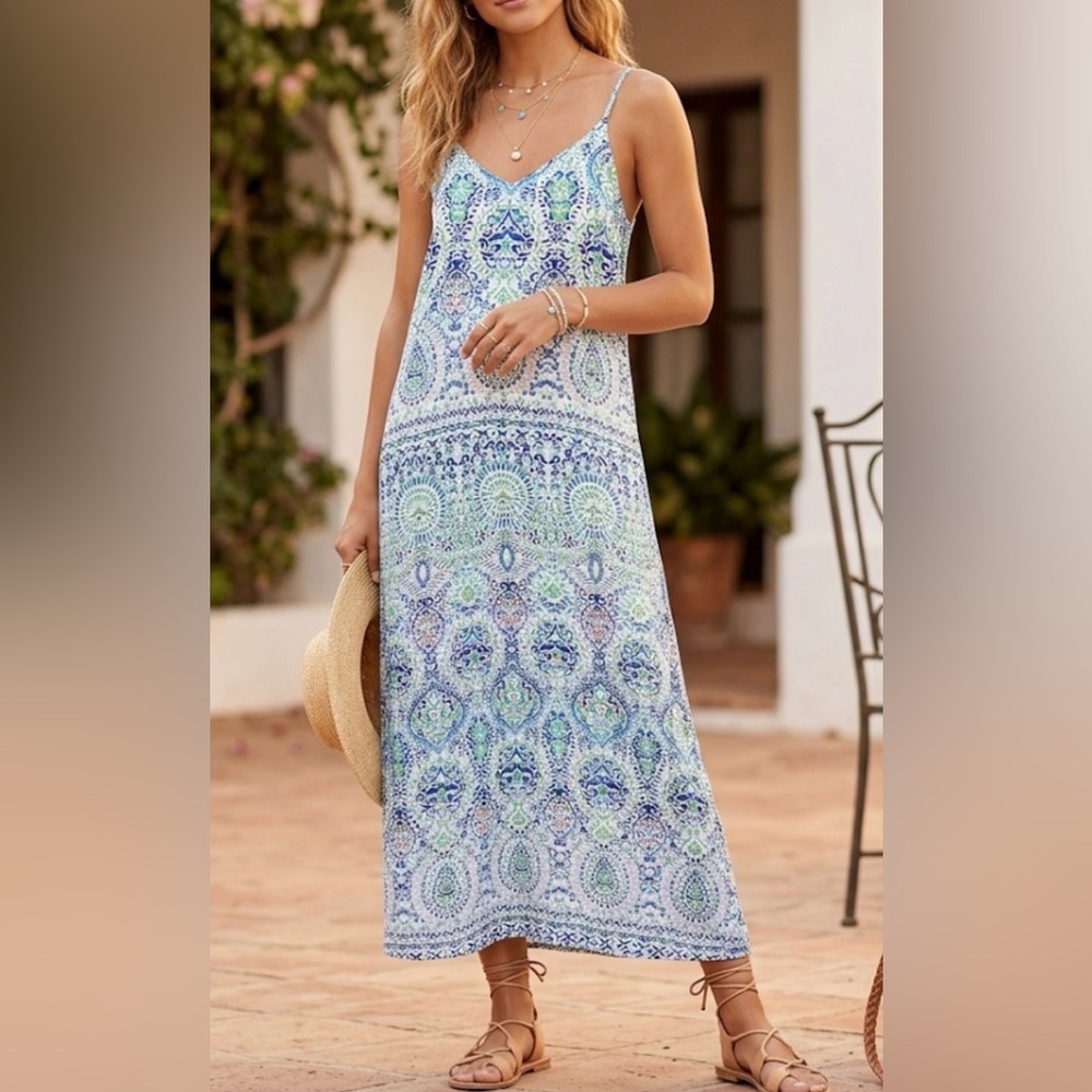 Finn & Grace Womens Blue Green Paisley Medallion Maxi Dress Size Medium Boho